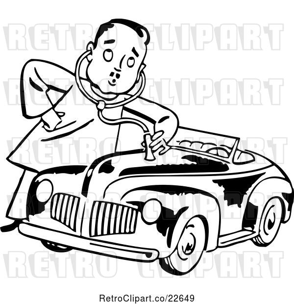 Vector Clip Art of Retro Mechanic Guy Giving a Car a Check up