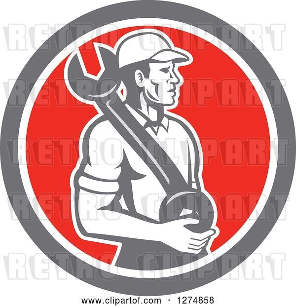 Vector Clip Art of Retro Mechanic Guy Holding a Giant Spanner Wrench in a Taupe White and Red Circle