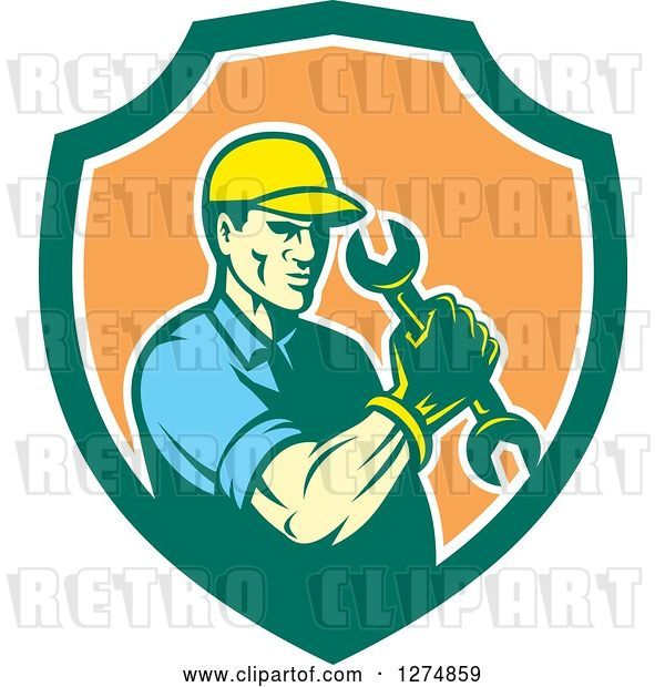 Vector Clip Art of Retro Mechanic Guy Holding a Spanner Wrench in a Green White and Orange Shield