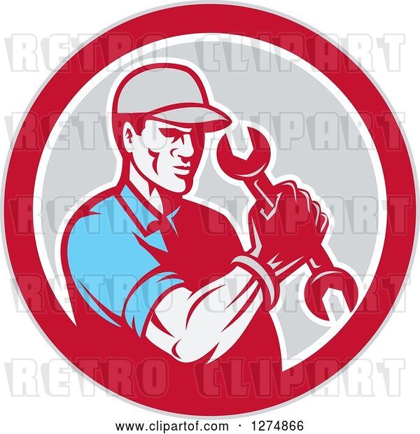 Vector Clip Art of Retro Mechanic Guy Holding a Spanner Wrench in a Red White and Gray Circle