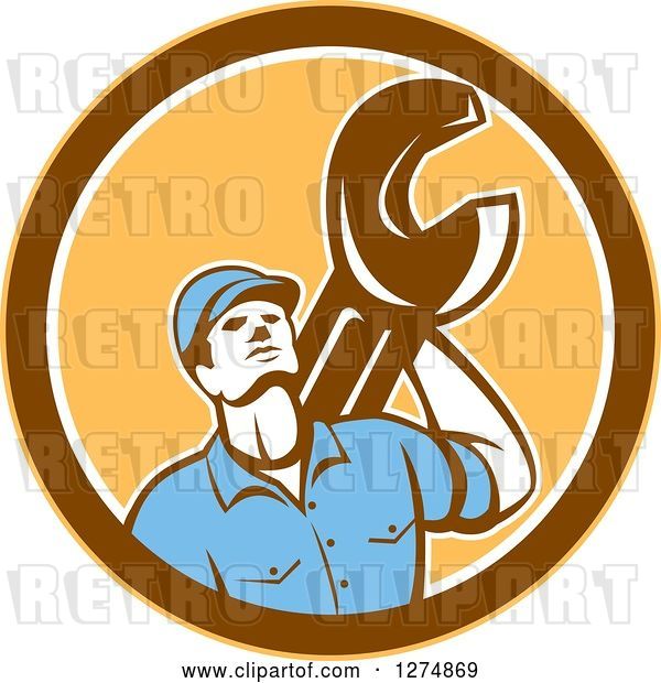 Vector Clip Art of Retro Mechanic Guy Holding a Spanner Wrench in a Yellow Brown and White Circle