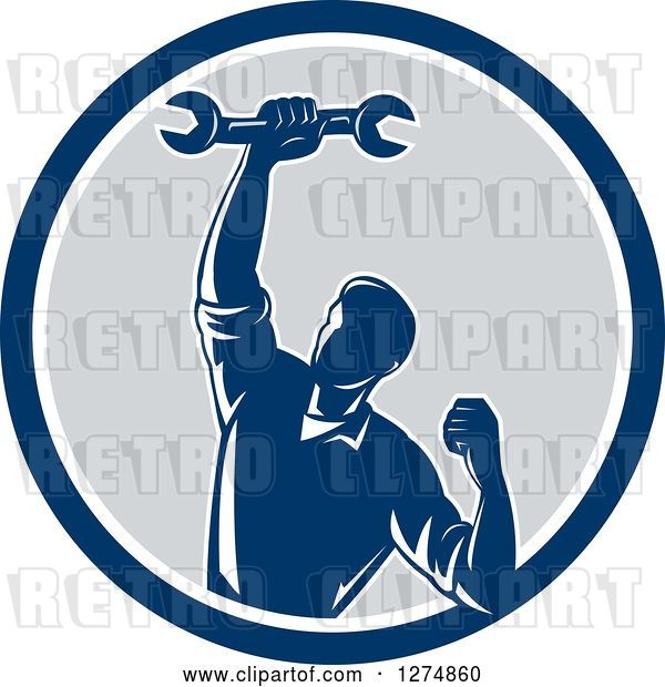Vector Clip Art of Retro Mechanic Guy Pumping His Fist and a Spanner Wrench in a Blue White and Gray Circle