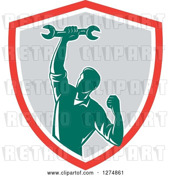 Vector Clip Art of Retro Mechanic Guy Pumping His Fist and a Spanner Wrench in a Red White and Gray Shield