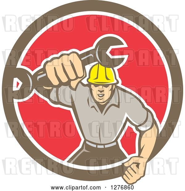 Vector Clip Art of Retro Mechanic Guy Running and Holding a Giant Spanner Wrench in a Bown White and Red Circle