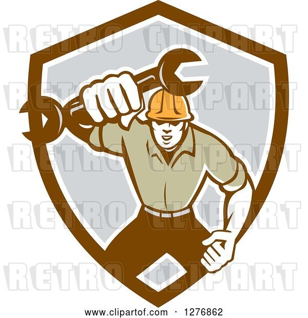 Vector Clip Art of Retro Mechanic Guy Running and Holding a Giant Spanner Wrench in a Brown White and Gray Shield