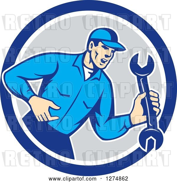 Vector Clip Art of Retro Mechanic Guy Shouting and Holding a Spanner Wrench in a Blue White and Gray Circle