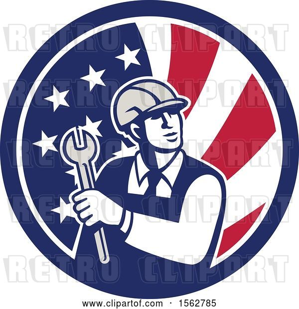 Vector Clip Art of Retro Mechanical Engineer Holding a Spanner Wrench in an American Flag