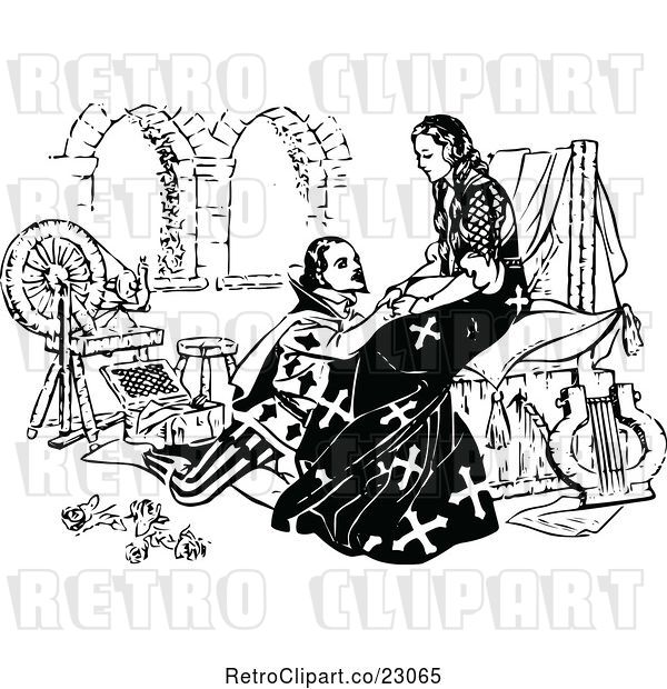 Vector Clip Art of Retro Medieval Guy Kneeling Before a Lady
