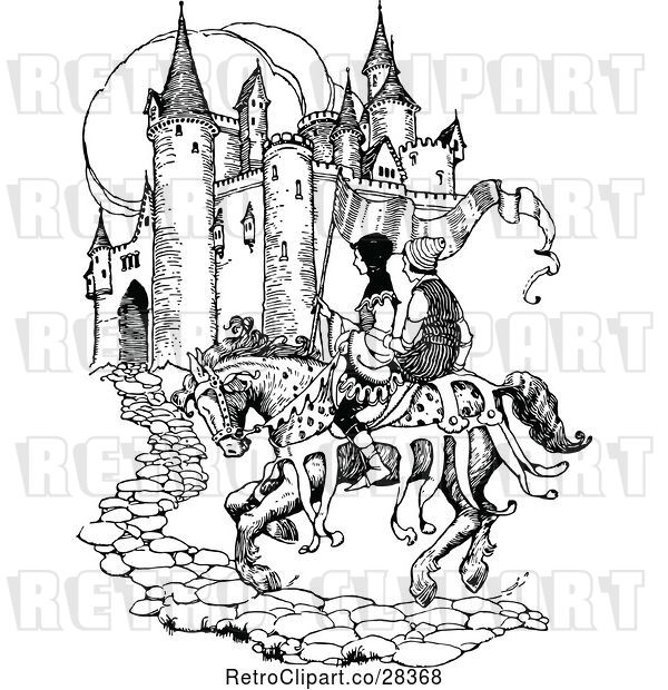 Vector Clip Art of Retro Medieval Horse and Men Arriving at a Castle