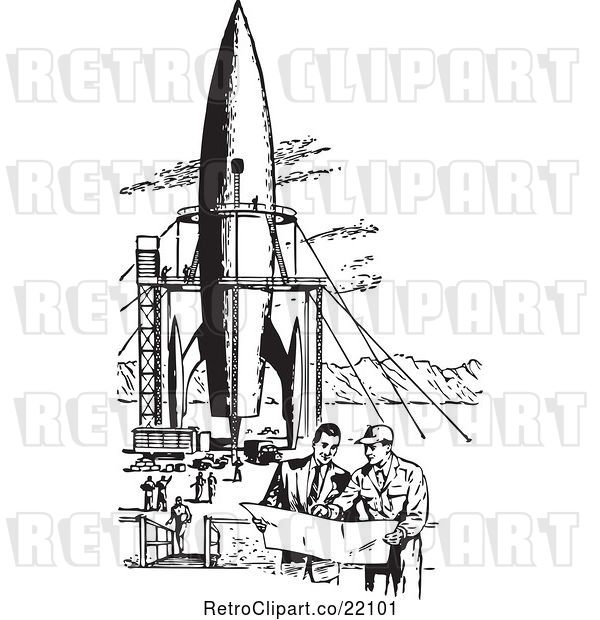 Vector Clip Art of Retro Men by a Missile