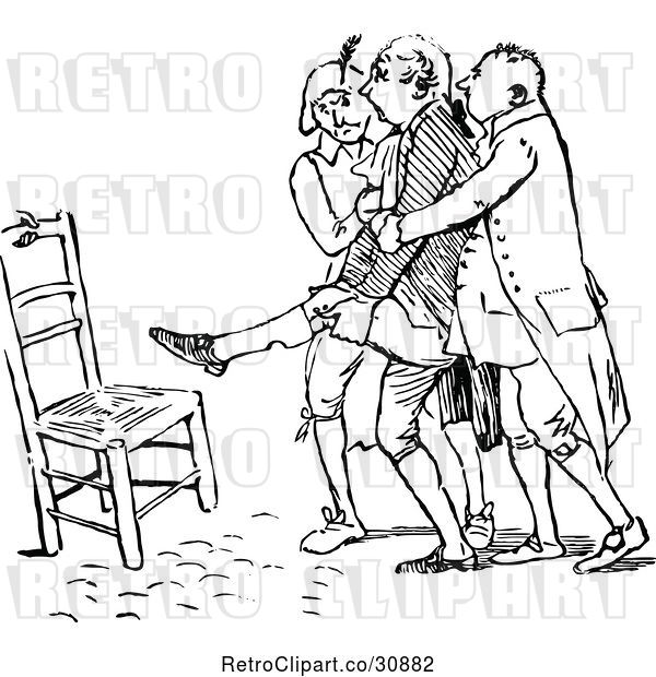 Vector Clip Art of Retro Men Helping an Injured Guy to a Chair