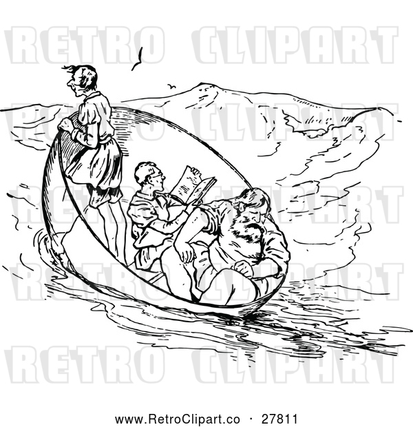 Vector Clip Art of Retro Men in a Boat