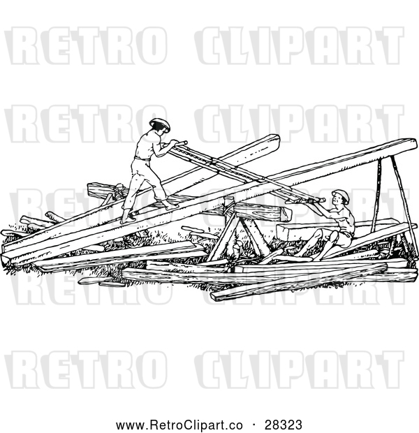 Vector Clip Art of Retro Men Sawing Wood