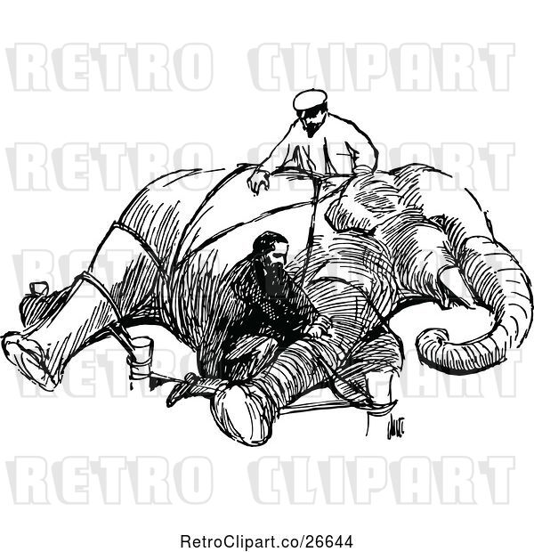 Vector Clip Art of Retro Men Tying up an Elephant