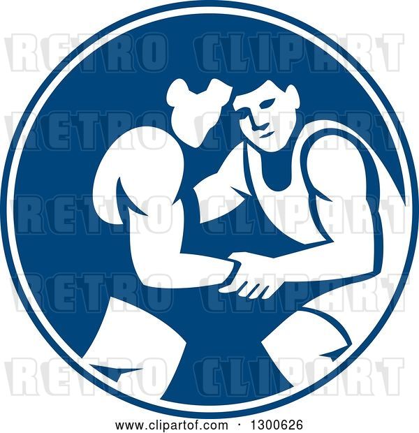 Vector Clip Art of Retro Men Wrestling in a Blue and White Circle