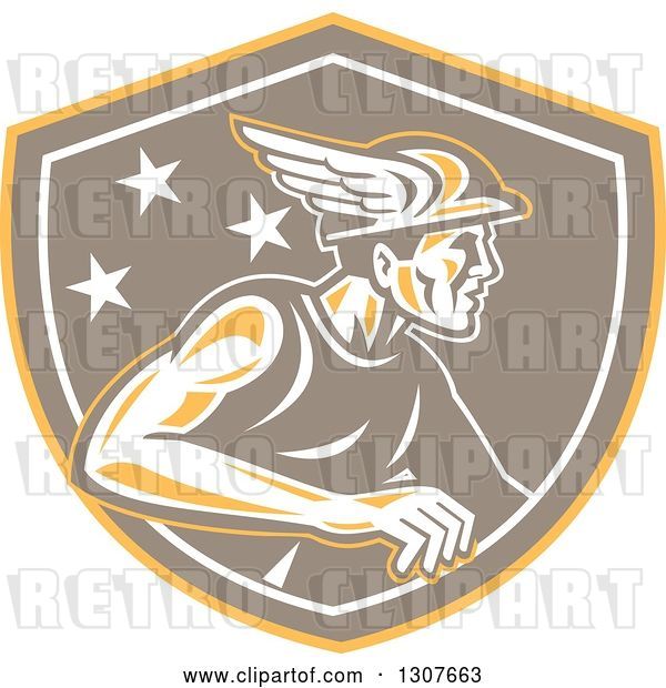 Vector Clip Art of Retro Mercury with Stars, Wearing a Winged Hat in a Yellow Brown and White Shield