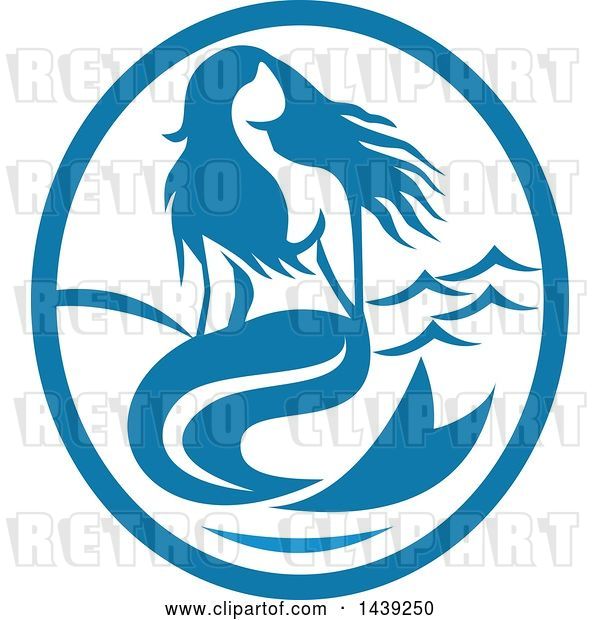 Vector Clip Art of Retro Mermaid Siren in a Blue and White Oval