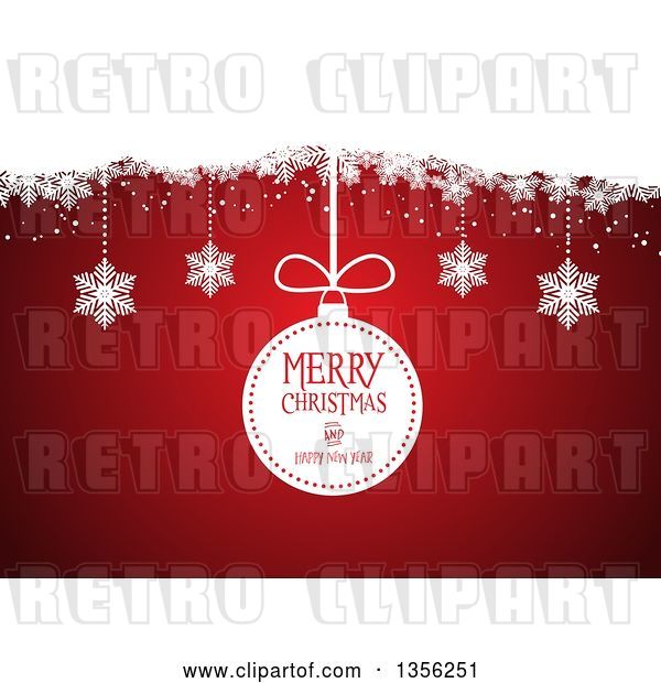 Vector Clip Art of Retro Merry Christmas and Happy New Year Bauble and Suspended Snowflakes over Red
