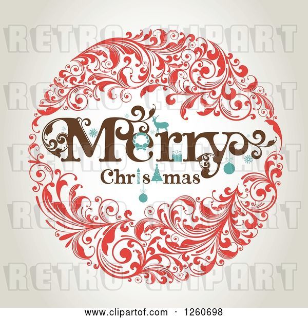 Vector Clip Art of Retro Merry Christmas Floral Wreath on Shading
