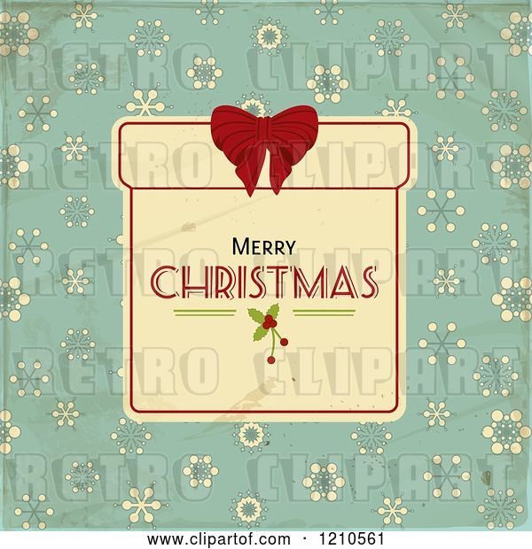 Vector Clip Art of Retro Merry Christmas Gift Box Frame and Snowflakes over Distressed Turquoise