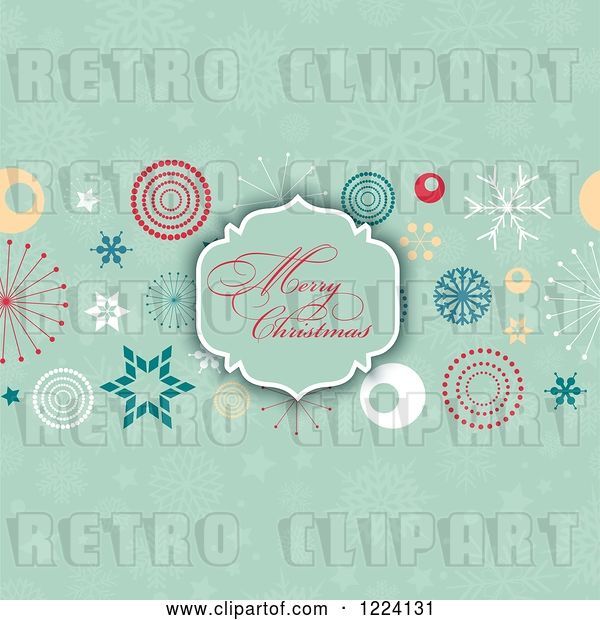Vector Clip Art of Retro Merry Christmas Greeting Frame over Designs and Greens Snowflakes