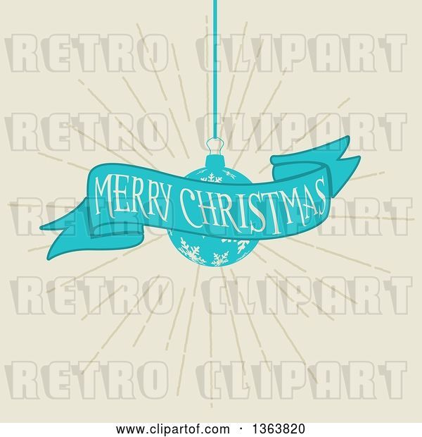 Vector Clip Art of Retro Merry Christmas Greeting on a Blue Ribbon Banner with a Snowflake Bauble over Beige