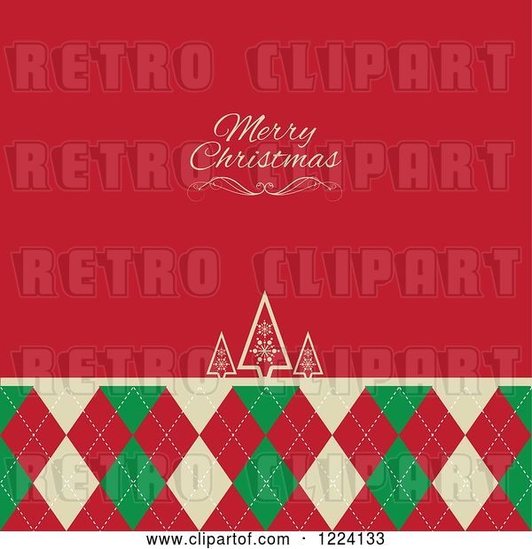 Vector Clip Art of Retro Merry Christmas Greeting on Red over Trees and Argyle