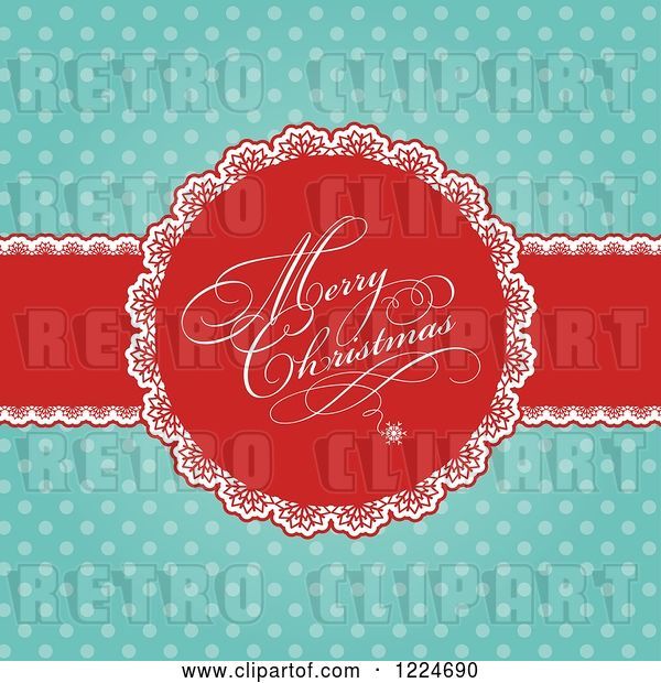 Vector Clip Art of Retro Merry Christmas Greeting Ribbon over Turquoise Polka Dots