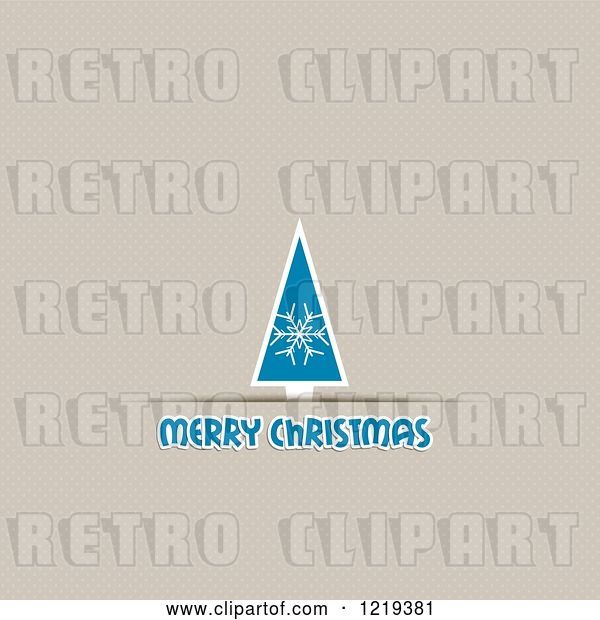 Vector Clip Art of Retro Merry Christmas Greeting Under a Blue Tree on Tan Polka Dots