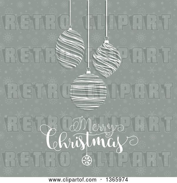 Vector Clip Art of Retro Merry Christmas Greeting with Suspended Scribble Bauble Ornaments over Snowflakes