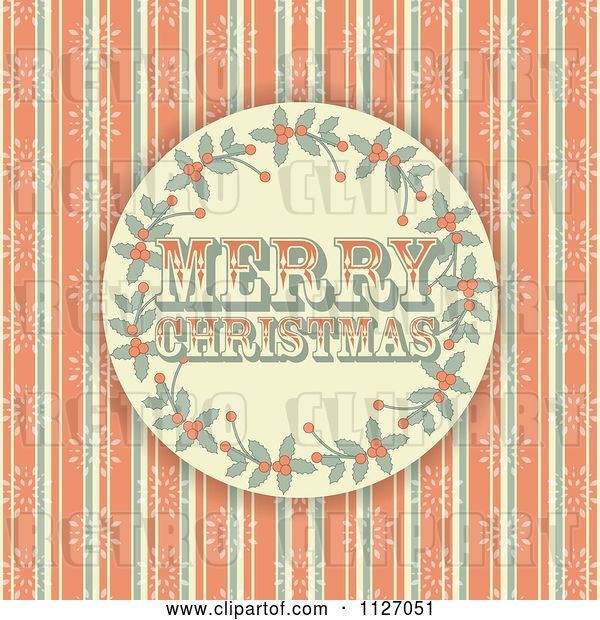Vector Clip Art of Retro Merry Christmas Holly Circle on Grungy Orange Stripes and Snowflakes