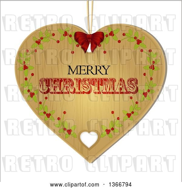 Vector Clip Art of Retro Merry Christmas Wooden Heart Shaped Ornament with Holly