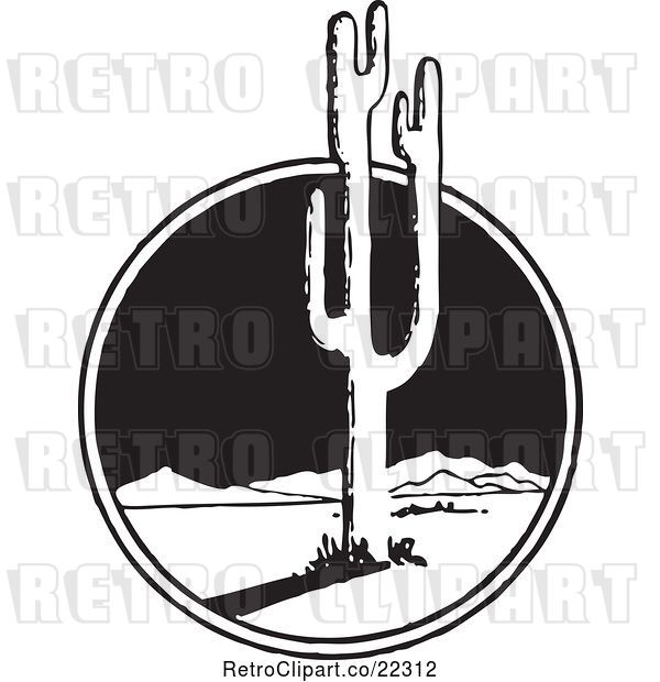 Vector Clip Art of Retro Mexican Desert Landscape and Cactus