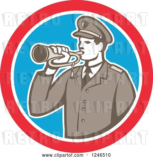 Vector Clip Art of Retro Military Soldier with a Bugle in a Circle