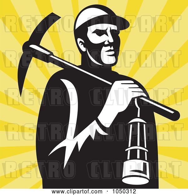 Vector Clip Art of Retro Miner Carrying a Pickax and Lantern