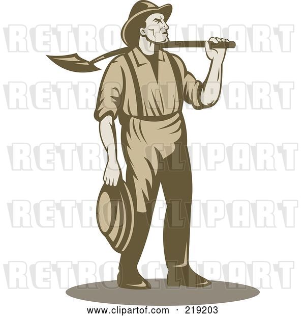 Vector Clip Art of Retro Miner Carrying a Shovel over His Shoulder