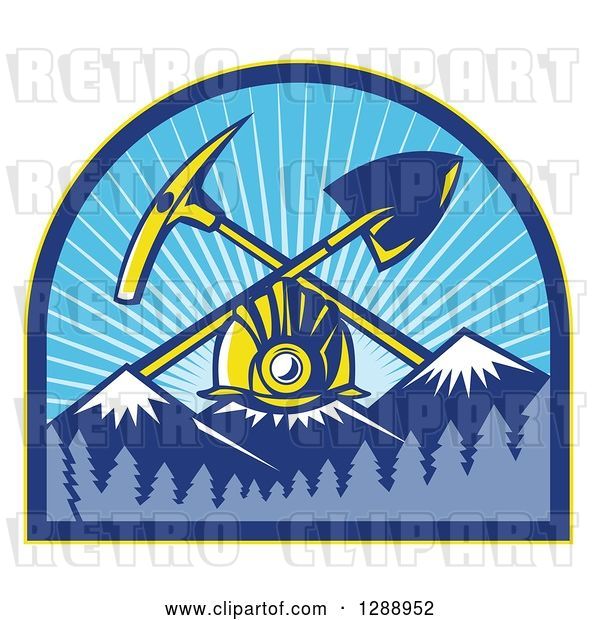 Vector Clip Art of Retro Miner Hardhat with a Crossed Shovel and Pickaxe over Snow Capped Mountains in a Forest and Sunshine Arch