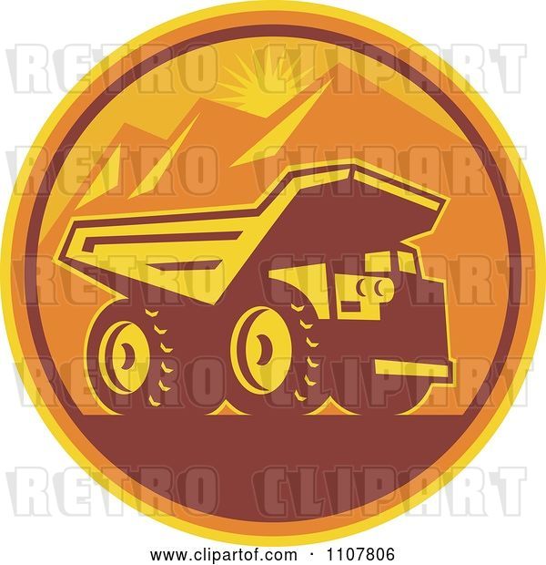 Vector Clip Art of Retro Mining Dump Truck in a Circle of Mountains and an Orange Sunset
