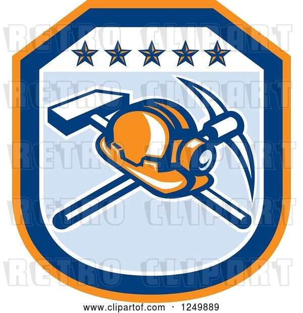 Vector Clip Art of Retro Mining Helmet and Tools in a Blue and Orange Shield