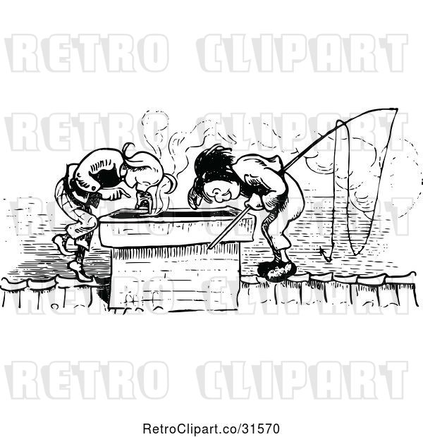Vector Clip Art of Retro Mischievous Boys Looking down an Oven Chimney
