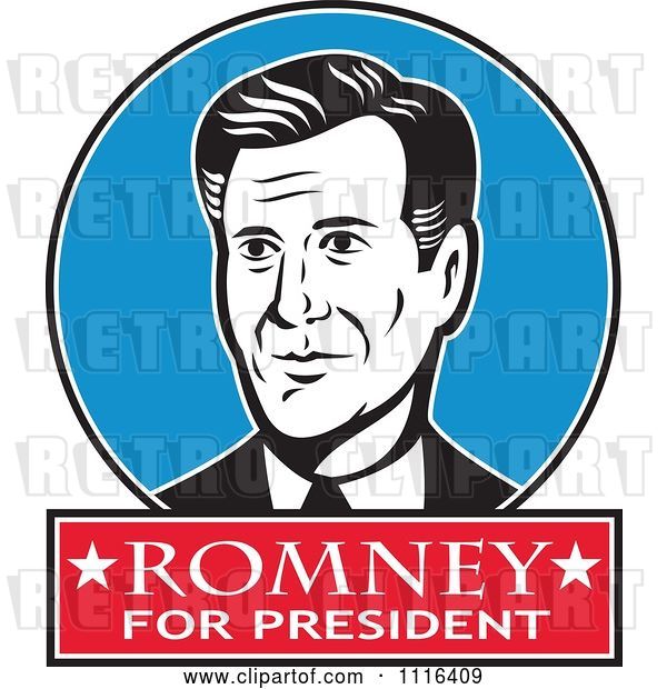 Vector Clip Art of Retro Mitt Romney Portrait in a Blue Circle with Romney for President Text