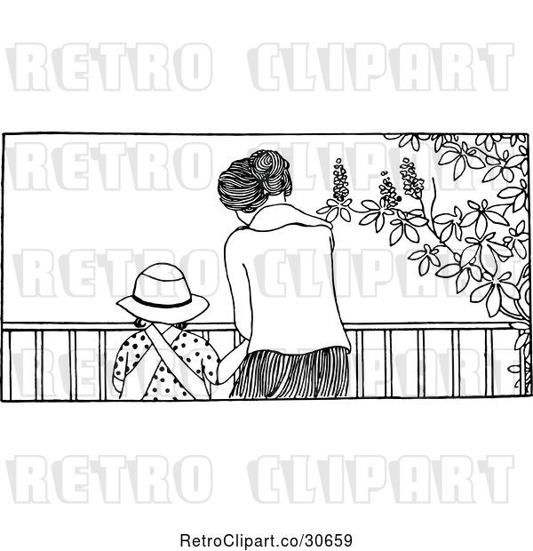 Vector Clip Art of Retro Mom and Daughter at a Railing