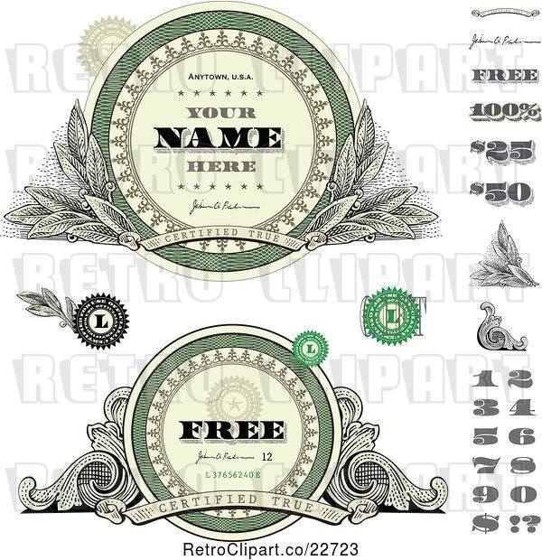 Vector Clip Art of Retro Money Themed Labels and Numbers with Sample Text