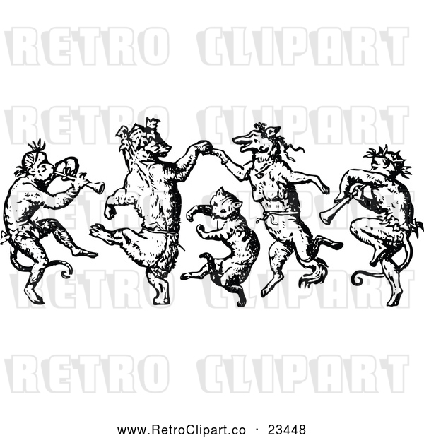 Vector Clip Art of Retro Monkeys Cat and Foxes Dancing