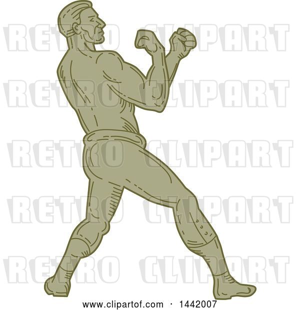 Vector Clip Art of Retro Mono Line Styled Male Boxer Ready to Fight