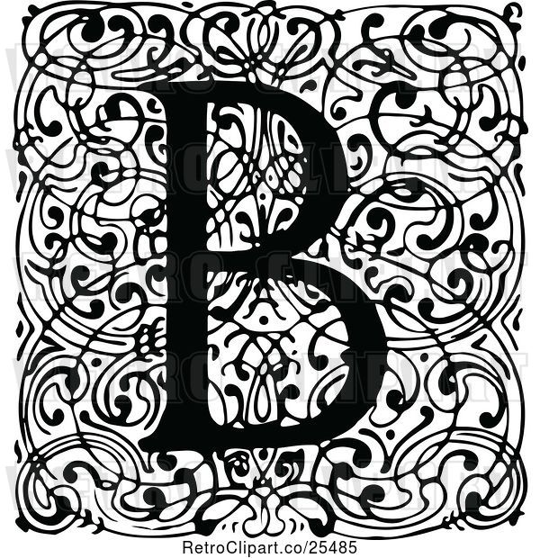 Vector Clip Art of Retro Monogram B Letter over Swirls