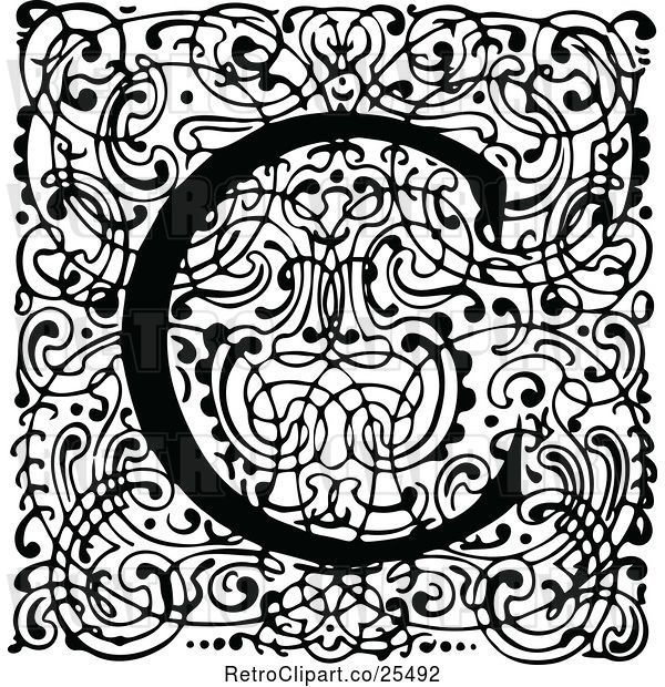 Vector Clip Art of Retro Monogram C Letter over Swirls