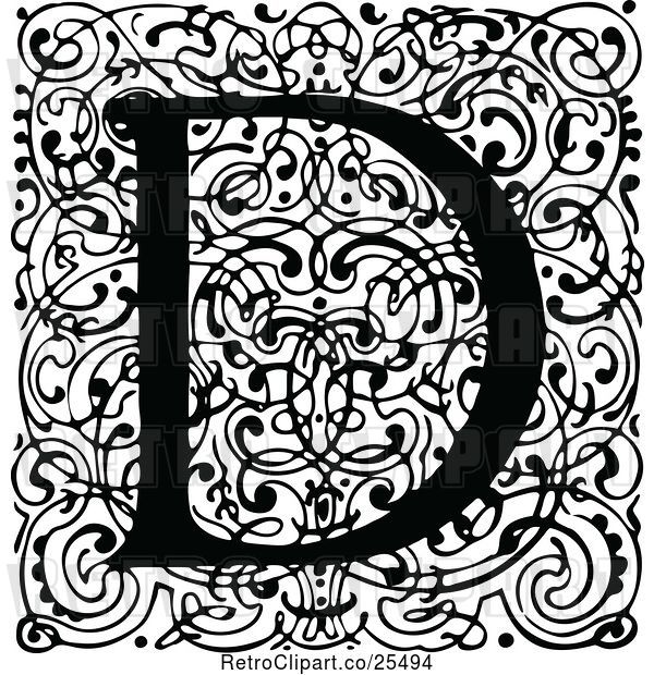 Vector Clip Art of Retro Monogram D Letter over Swirls