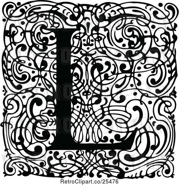 Vector Clip Art of Retro Monogram L Letter over Swirls