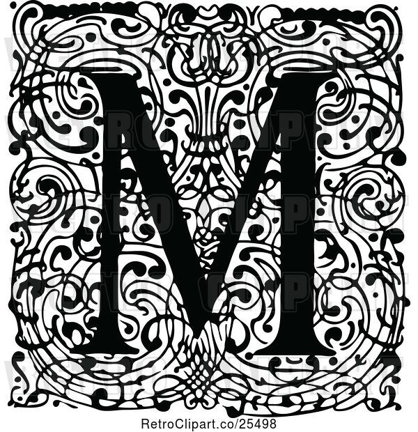 Vector Clip Art of Retro Monogram M Letter over Swirls